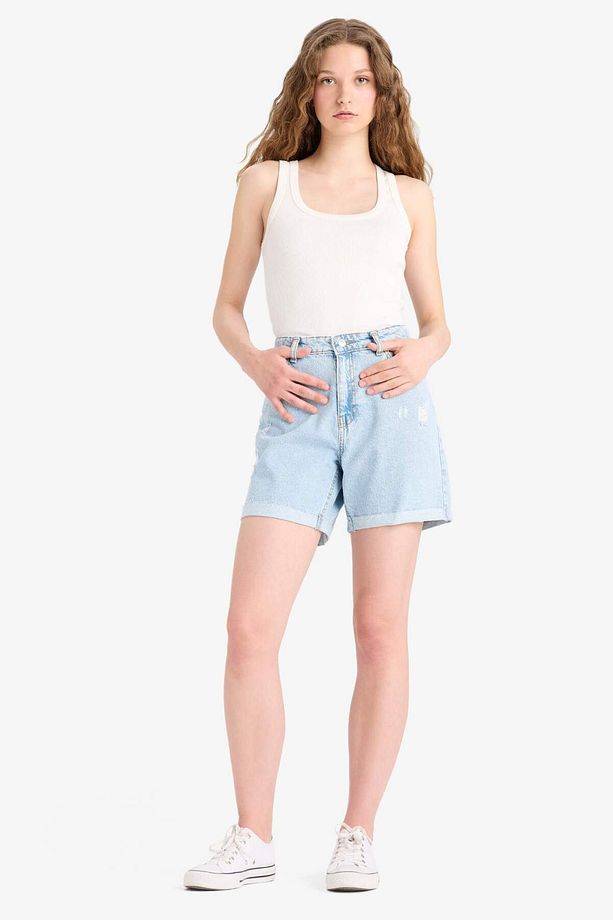Boyfriend Yüksek Bel Yıkamalı Duble Paça Jean Şort E0934AX25SM - 2