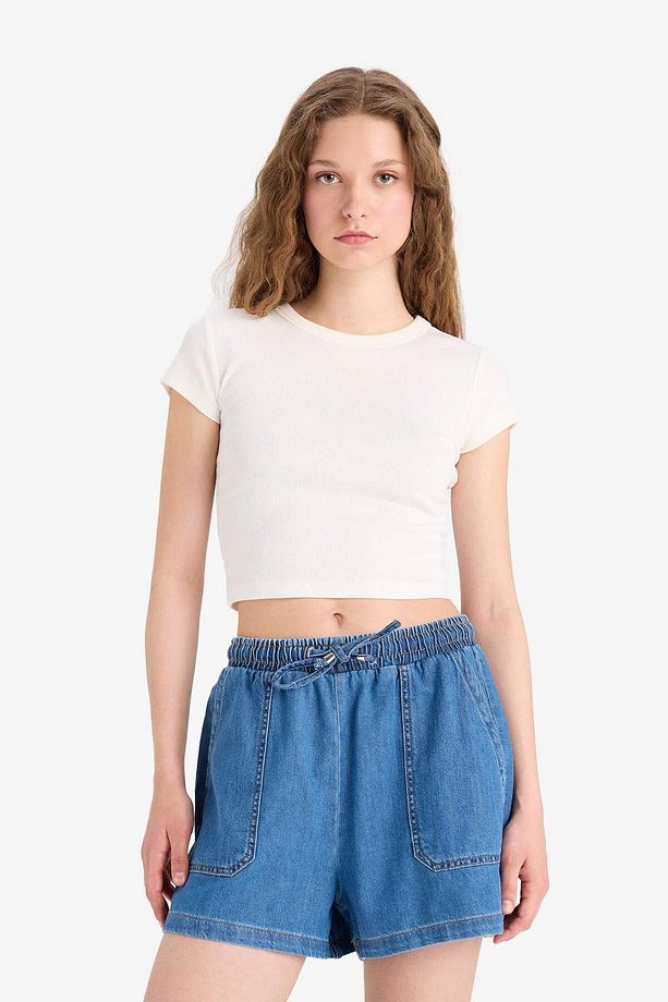 Yüksek Bel Esnek Belli Bağcıklı Yumuşak Jean Şort E0958AX25SM - 5
