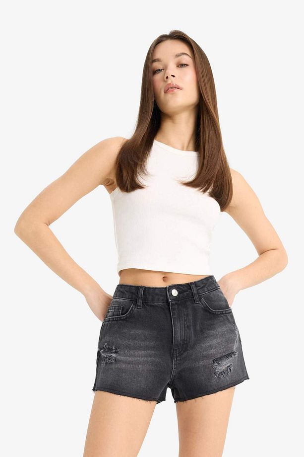 Yüksek Bel Paça Ucu Kesik Jean Şort E4693AX25SM - 5