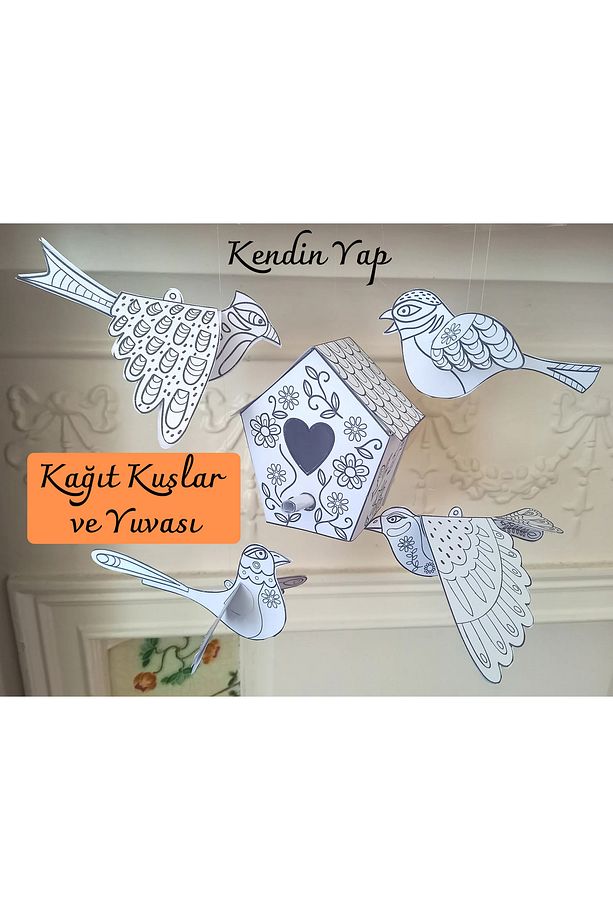 Kağıt Kuşlar ve Yuvası Şablonu, Kendin Yap, 4 Adet Şablon, Boyama ve El Sanatları. - 1