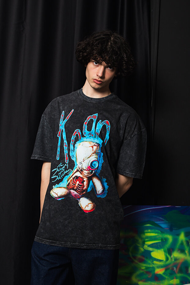 Korn Sos Doll Printed Oversize Unisex Washed Black Tshirt