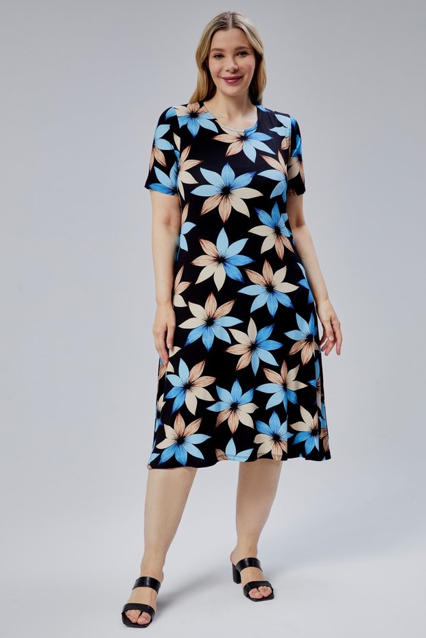 Women's Dress with Short Sleeve Wide Black with Blue Mink Flowers