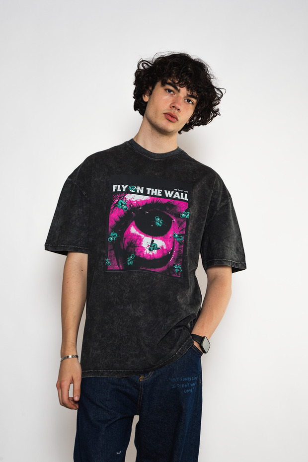 Fly on the Wall Printed Oversize Unisex Washable Black Tshirt