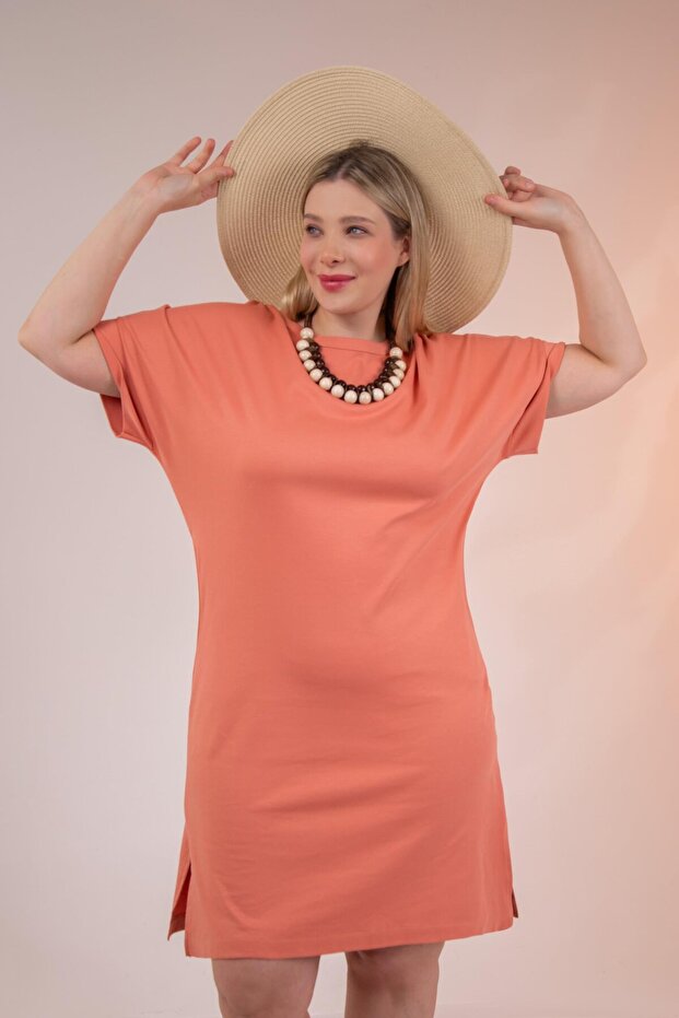 210105 Women's Crew Neck Dress with Pockets Orange
