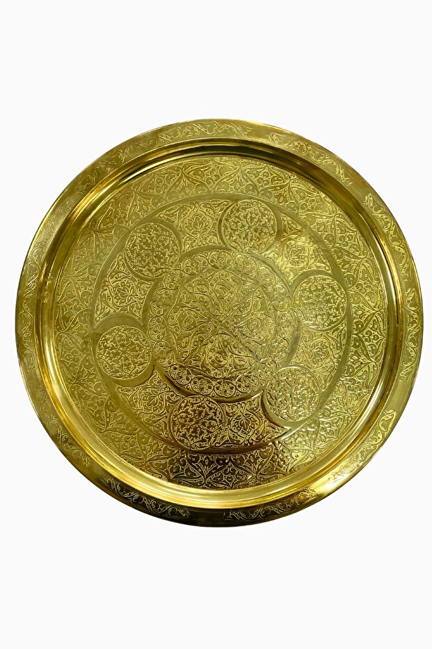 Bakır Yuvarlak Gold Kaplama İşlemeli 6 Kişilik Tepsi - 1