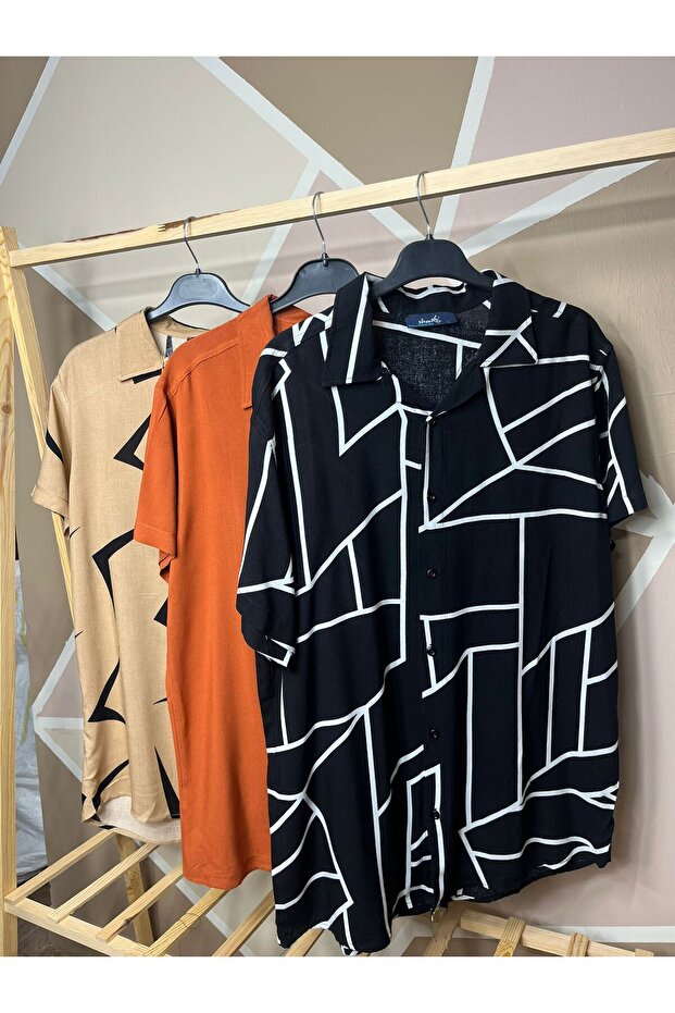 Men's 3-Piece Set Short Sleeve Regular Fit Viscose Orange Shirt with Collar Pattern