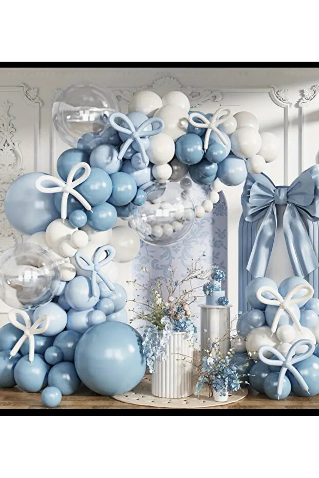 Blue White Balloon Chain Set with 100 White Sausage Balloons