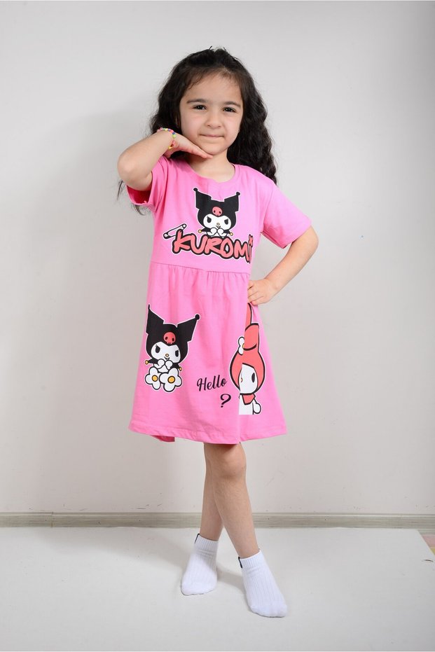 Girl's Pink Kuromi Printed Combed Cotton Dress (100% Cotton)