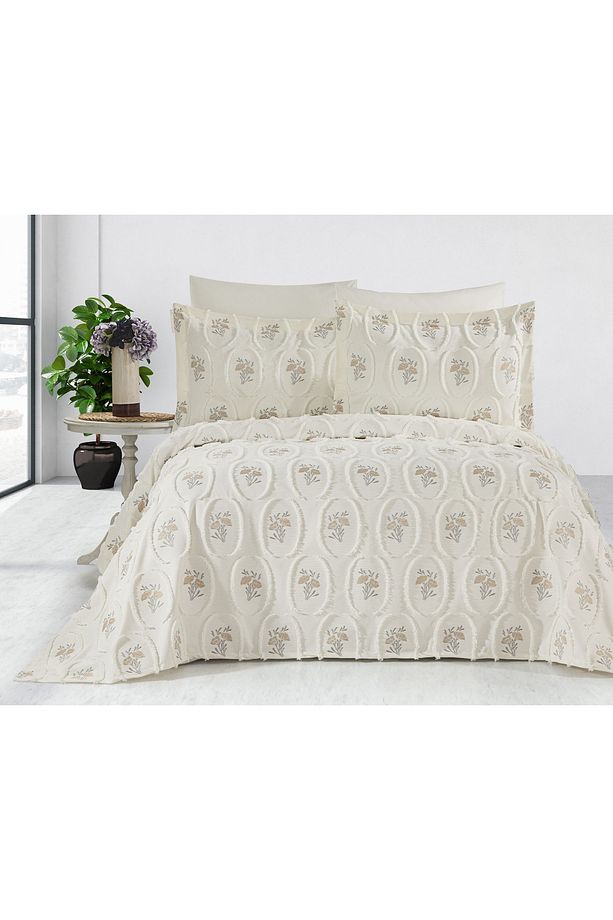 Simal Çiçekli Çift Kişilik Püsküllü Yatak Örtüsü 250x260 2 Yastık 50x80 - 6