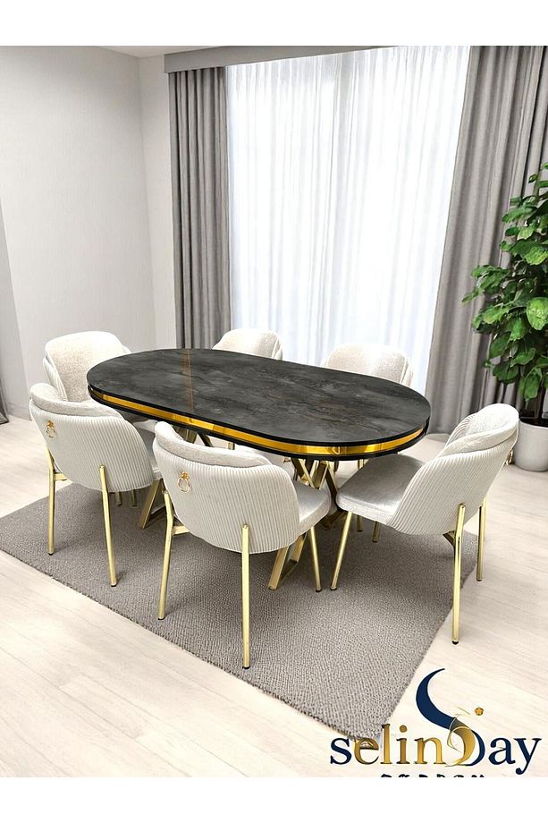 6 Kişilik Elysia Gold Line Masa Takımı BabyFace Kumaş MDF Lak Panel Masa - 1