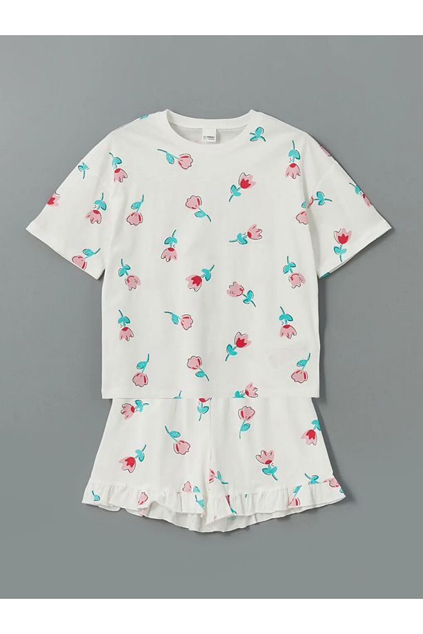LCW Kids Ekru Bisiklet Yaka Çiçekli Kız Çocuk Şortlu Pijama Takımı - 1