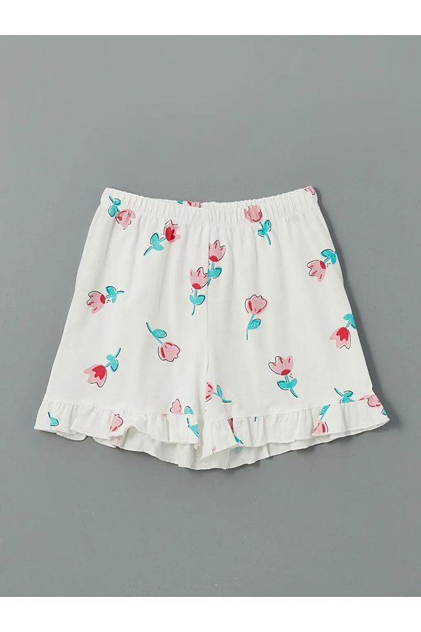 LCW Kids Ekru Bisiklet Yaka Çiçekli Kız Çocuk Şortlu Pijama Takımı - 2