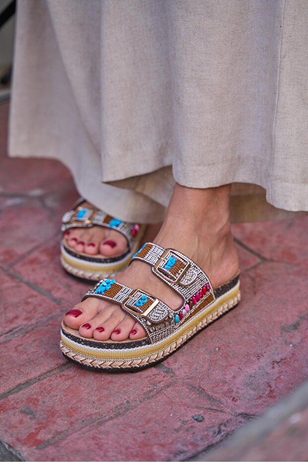Tan Women's Stone and Bead Detailed Buckle Platform Slippers