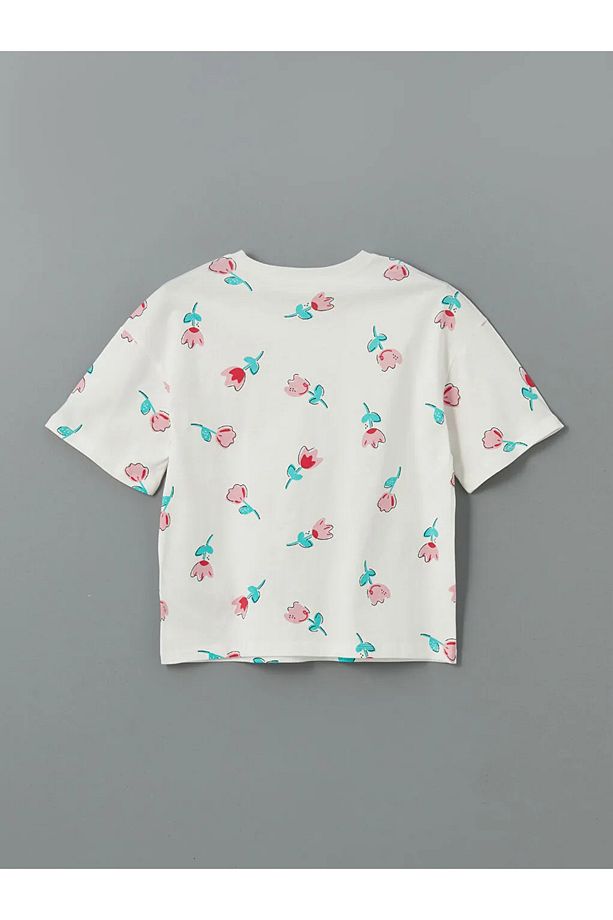 LCW Kids Ekru Bisiklet Yaka Çiçekli Kız Çocuk Şortlu Pijama Takımı - 3