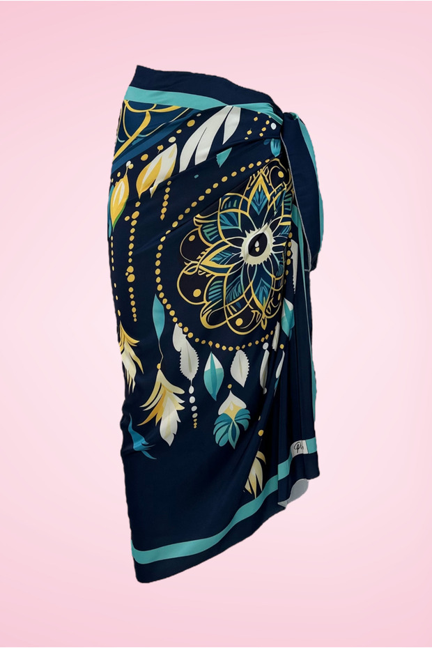 Navy Blue Bohemian Native American Feather Detailed Long Pareo