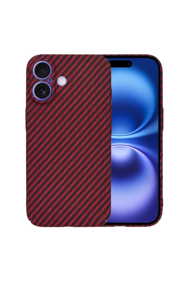 Case for iPhone 16, carbon texture, Carbonite FiberShell, Red, sticker set - 1