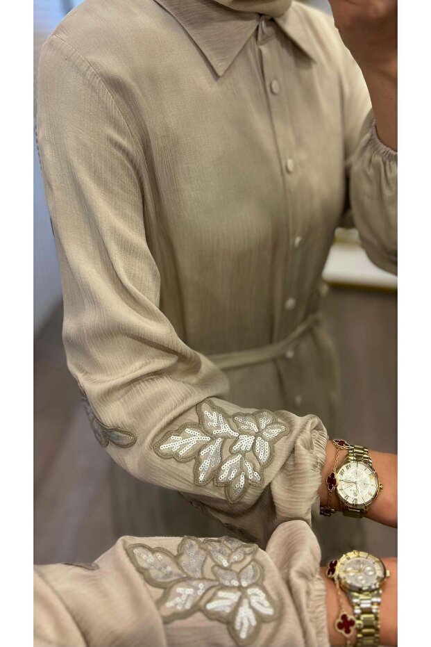 ÇİÇEK NAKIŞLI CUPRA ELBİSE - 4