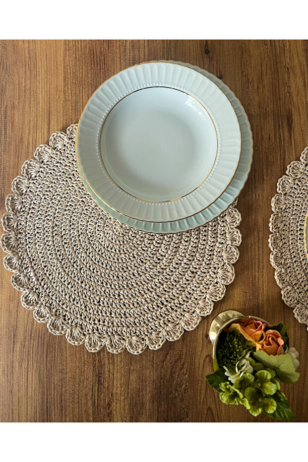 Handmade Round Paper Rope/Wicker Plate 2 Pieces - 36X36 cm (Light Cream)