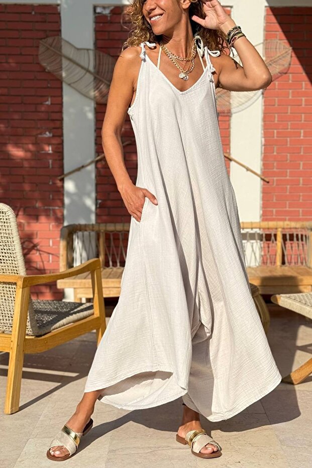 Beige Shoulder Tie Pocket Cotton Loose Woven Jumpsuit 135 60