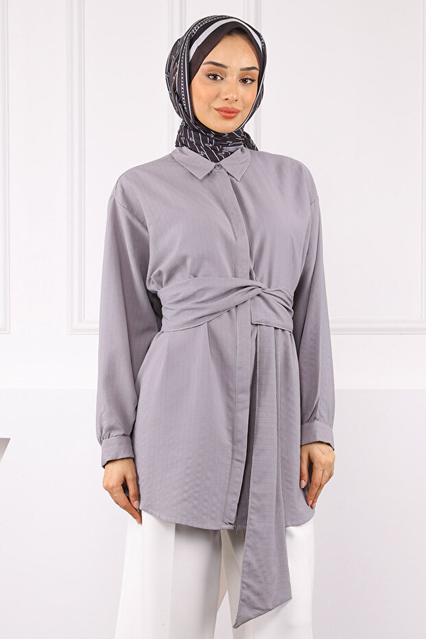Gray Belt Detailed Wrap Shirt