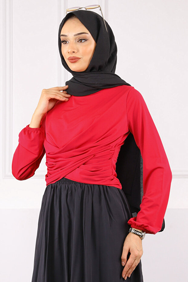 Fuşya Çapraz Drape Detaylı Sandy Bluz - 2