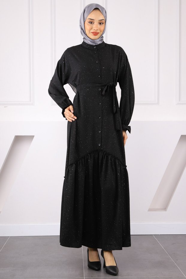 Black Skirt Gathered Waist Belted Linda Dress