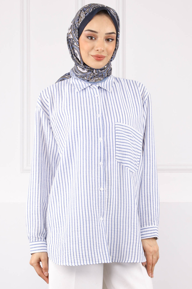 Navy Blue Single Pocket Striped Shirt