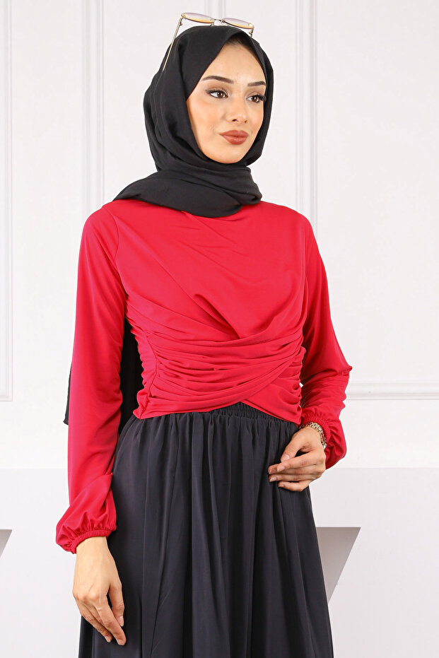 Fuşya Çapraz Drape Detaylı Sandy Bluz - 3