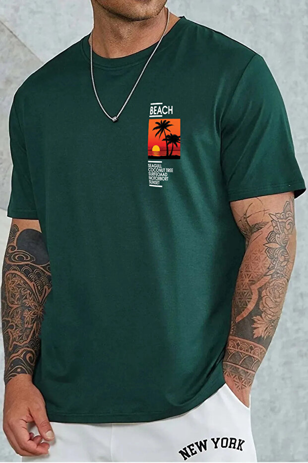 Unisex Beach Sunset Printed Relaxed Fit Green T-Shirt