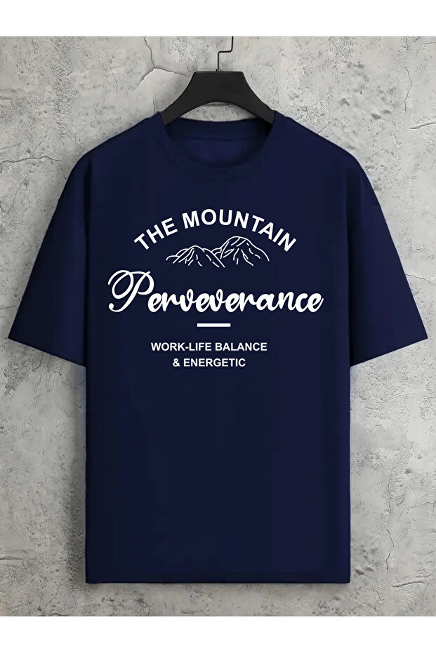 Unisex the Mountain Printed Relaxed Cut Navy Blue T-Shirt