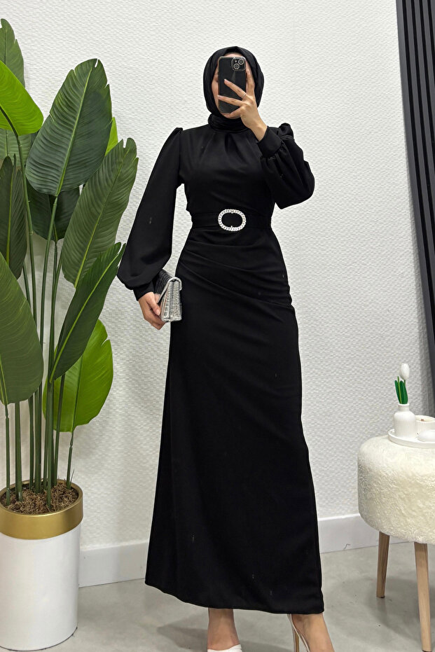 Scuba Seçil Detailed Hijab Black Dress