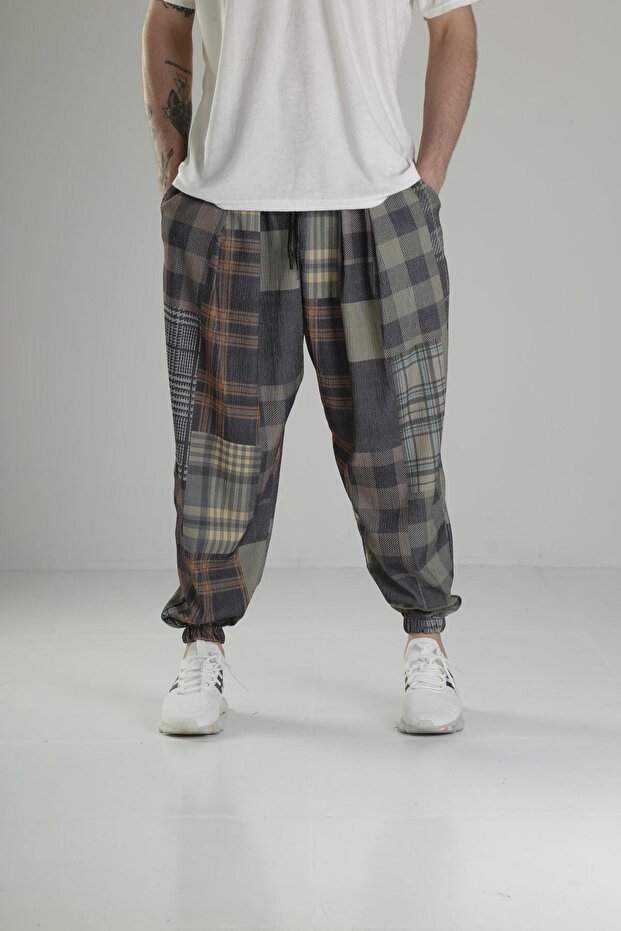 Men's Green Plaid Patterned Pleated Half Baggy Trousers Coc1847