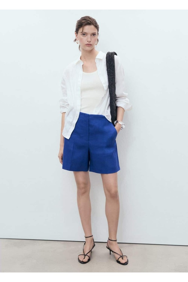 Orta bel düz kesim keten şort - 2