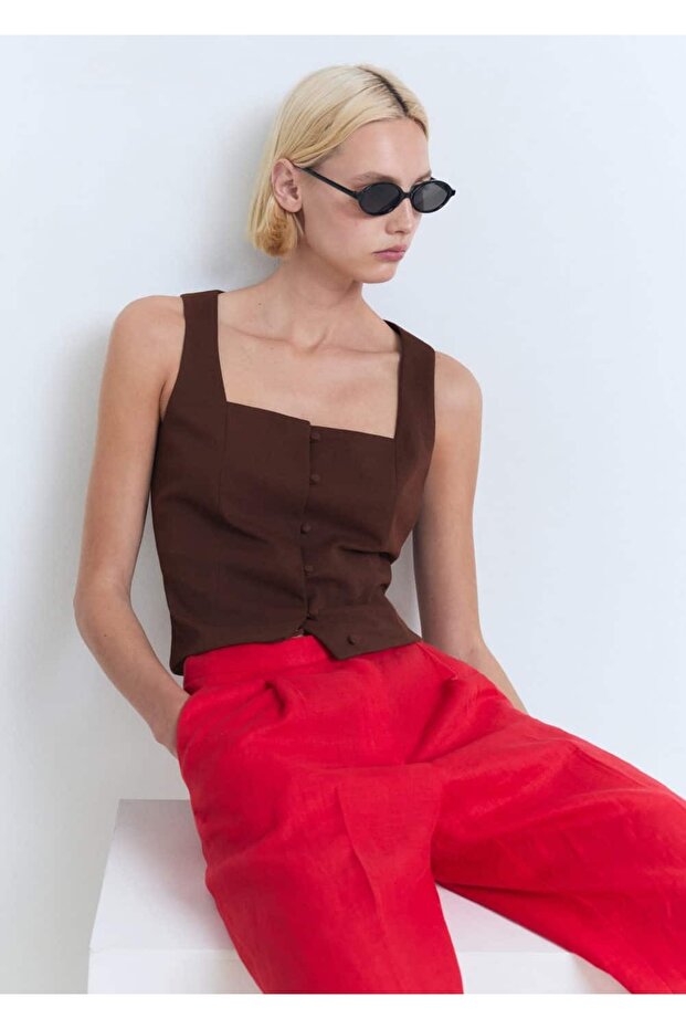 Düğmeli pamuklu bluz - 8