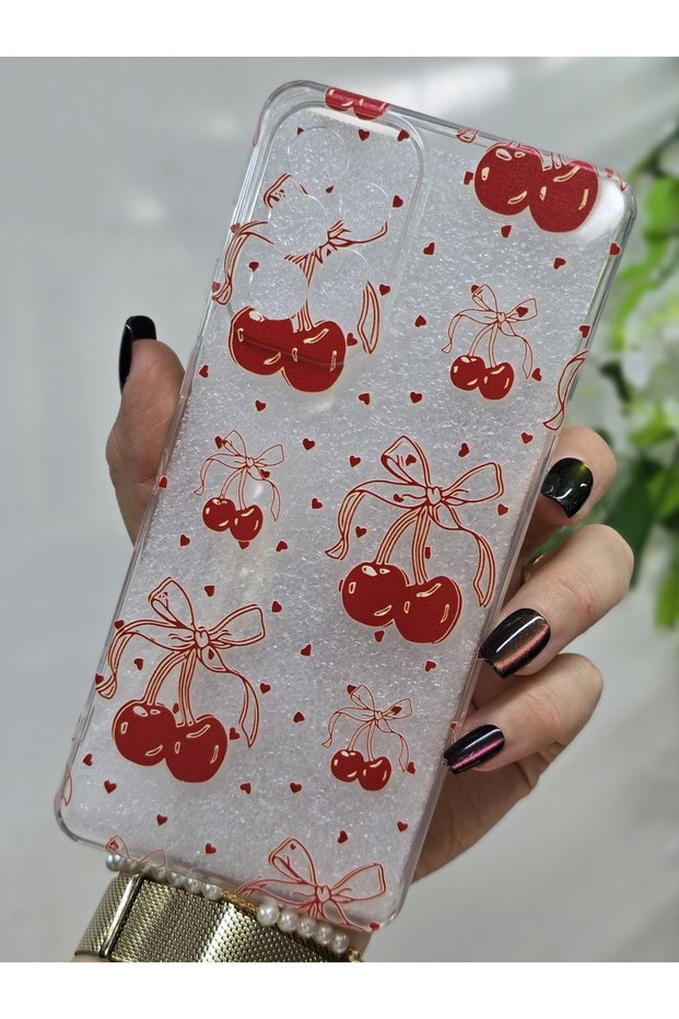 Transparent Phone Case with Cherry and Tiny Hearts Pattern Compatible with Samsung Galaxy A72