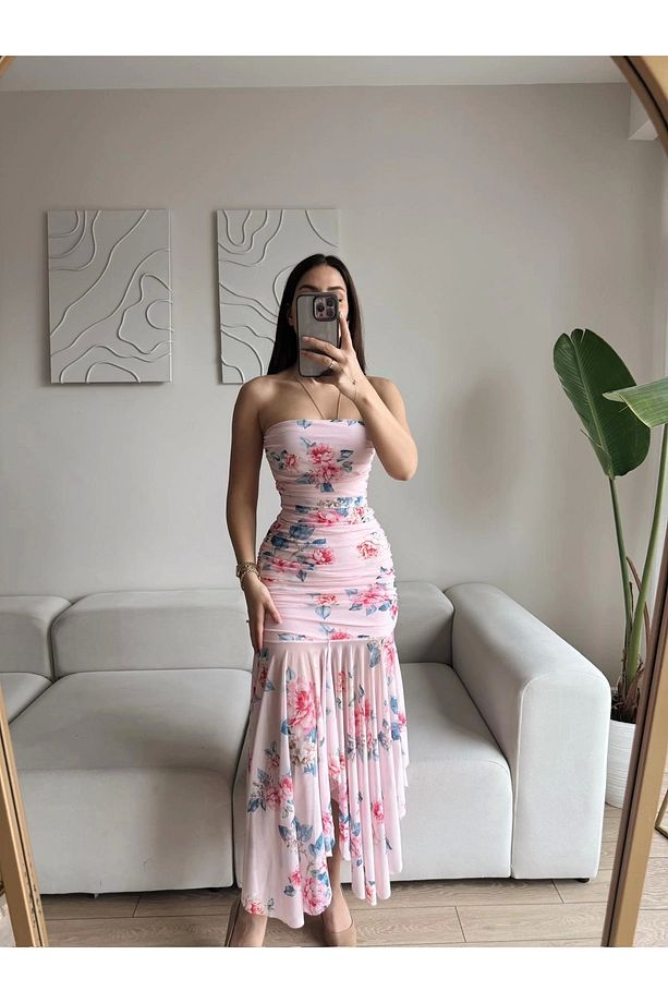 Çiçekli Straplez Drapeli Elbise - PEMBE - 4
