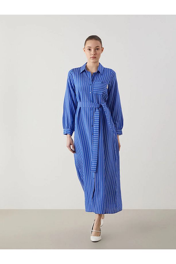LCW Modest Mavi Çizgili Poplin Kadın Gömlek Elbise - 1