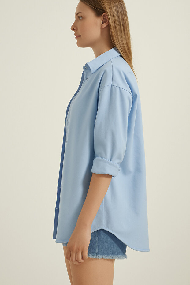 Mavi Uzun Oversize Basic Gömlek - 4