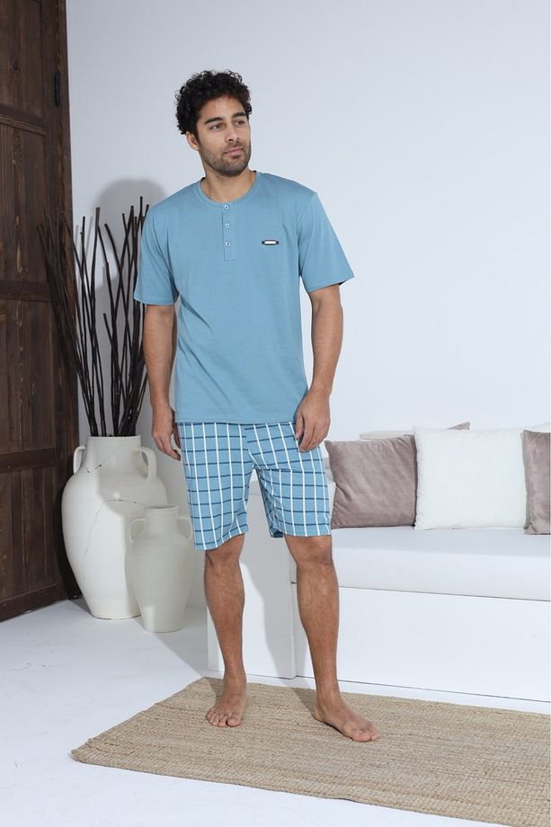 Pamuklu Haki Yeşil Kısa Kol Şortlu Erkek Pijama Takımı - 7