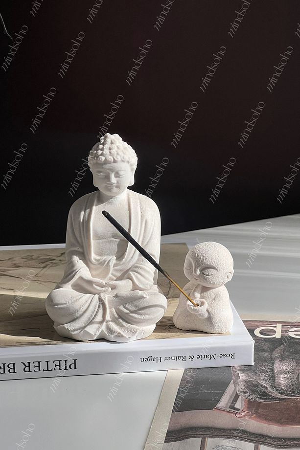 Dekoratif Mini 2'li Kum Desenli Buda Heykeli ve Keşiş Tütsülük - 1