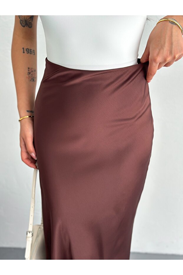 Kadın Basic Uzun Saten Etek - 3