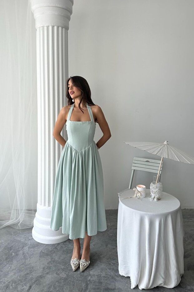 Nova Epoxy Art Mint Halter Linen Dress
