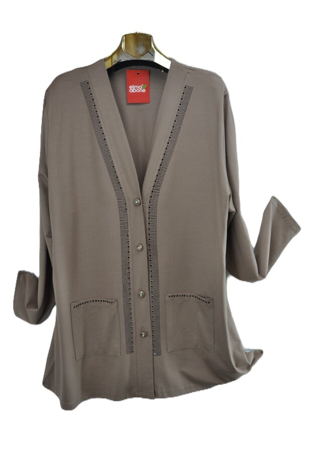 Plus Size Mother's Combed Cotton Four Button Stone Short Cardigan