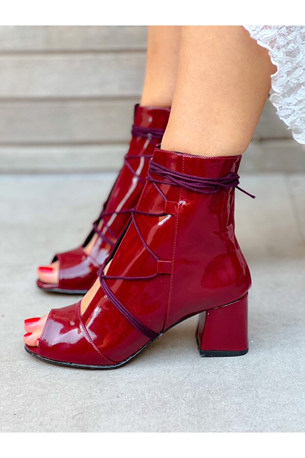 Smile Burgundy Patent Leather 5 cm Heel Summer Boots Sandals