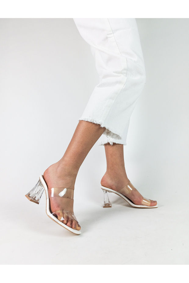White Color Transparent Tape Heel Thick Heel Women's Slippers