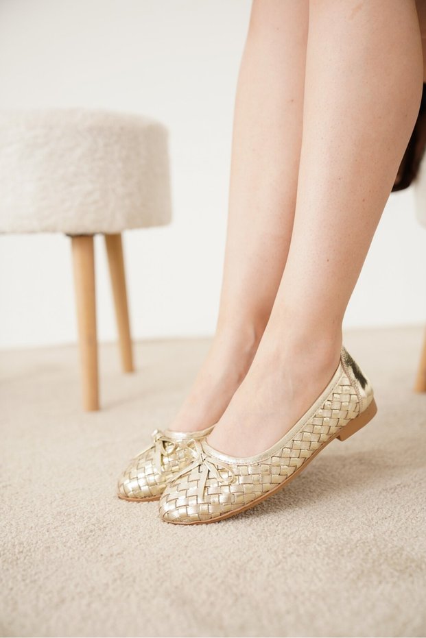Twi̇s Knitted Detailed Bow Genuine Leather Women's Ballerinas
