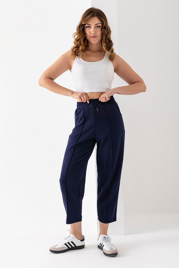 Kadın Lacivert Modal Balon Model Likralı Pantolon Yumuşak Doku Beli Lastikli Çımalı Bilek Pantolon - 3