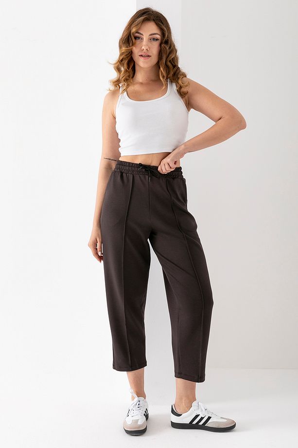 Kadın Kahverengi Modal Balon Model Likralı Pantolon Yumuşak Doku Beli Lastikli Çımalı Bilek Pantolon - 3
