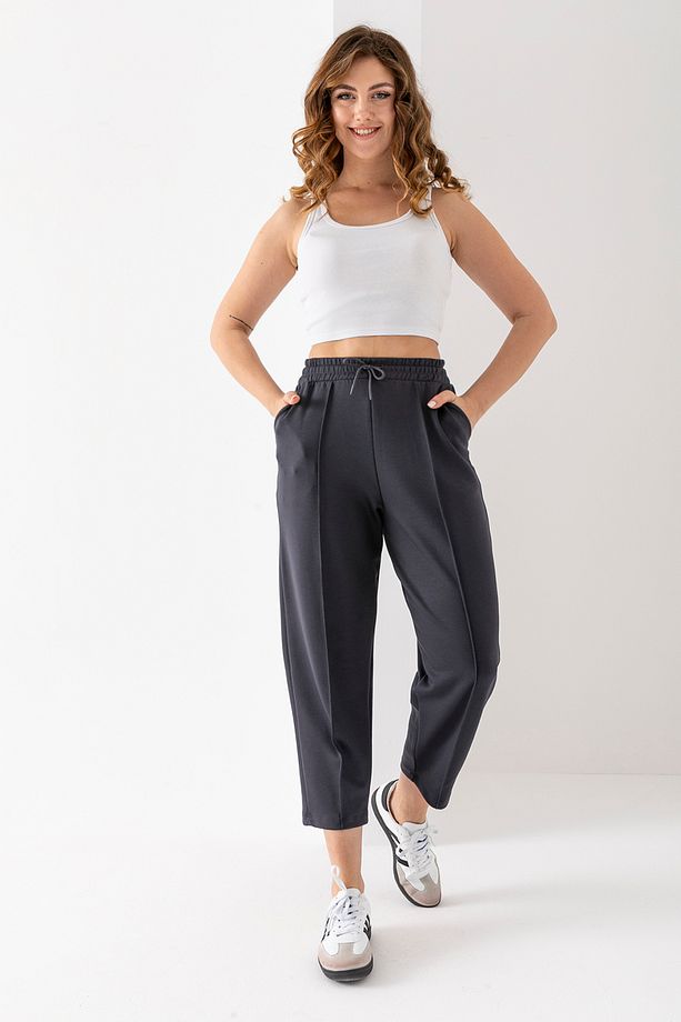 Kadın Füme Renk Modal Balon Model Likralı Pantolon Yumuşak Doku Beli Lastikli Çımalı Bilek Pantolon - 1