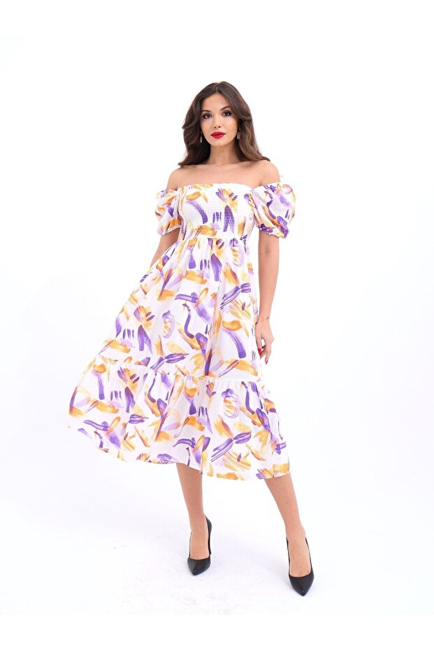 New Season Poplin Fabric Patterned Off-the-shoulder Short Sleeve Summer Dress 5525